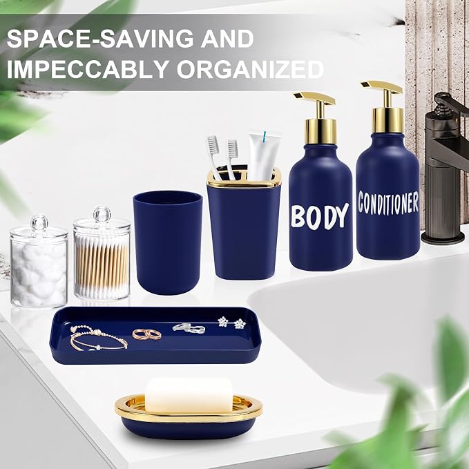 XLHOMO Navy Blue Bathroom Accessories Set -10 Piece Bathroom Accessory Set with Trash Can, Soap Dispenser, Soap Dish, Toothbrush Holder and Cup, Toilet Brush, Qtip Holder, Bathroom Decor Sets Complete