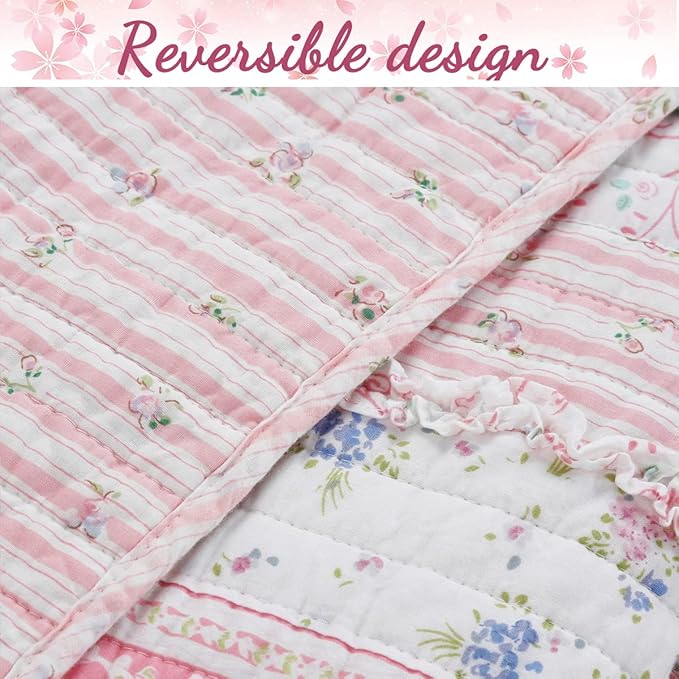 Cozy Line Home Fashions Pink Flower Lace Ruffle Stripe Shabby Chic Girl 100% Cotton Reversible Quilt Bedding Set, Coverlet, Bedspread (Pink Lace, Queen - 3 Piece: 1 Quilt + 2 Shams)