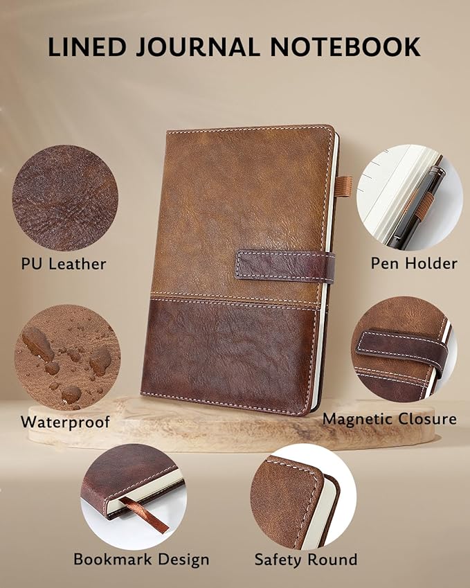 HULIPARK Leather Notebook Journal with Pen, A5 Lined Hardcover Notebook with Magnetic Closure, 240 Pages Daily Journal for Men Women, Ruled Journal Notebooks for Work, Writing, Note Taking - Brown