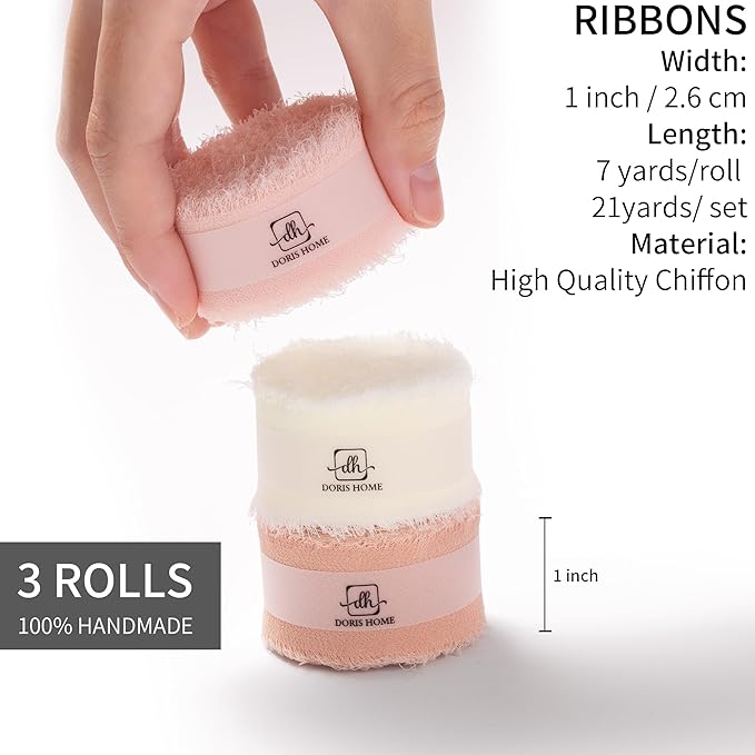 DORIS HOME Pink and Cream Chiffon Ribbon for Flower Bouquet, 1" x21Yd Fabric Ribbon for Gift Wrapping, Handmade Frayed Ribbon for Wedding Invitations/Christmas Decorations