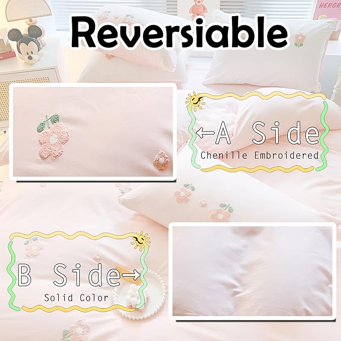 MorroMorn Twin Duvet Cover Cotton, 3D Embroidery Twin Bedding Sets Pink Bed Set, Fluffy Chenille Embroidered Comforter Covers Soft Sweat-Absorbing for Girls Kids Teen (Flowers Pink, Twin/Twin XL)