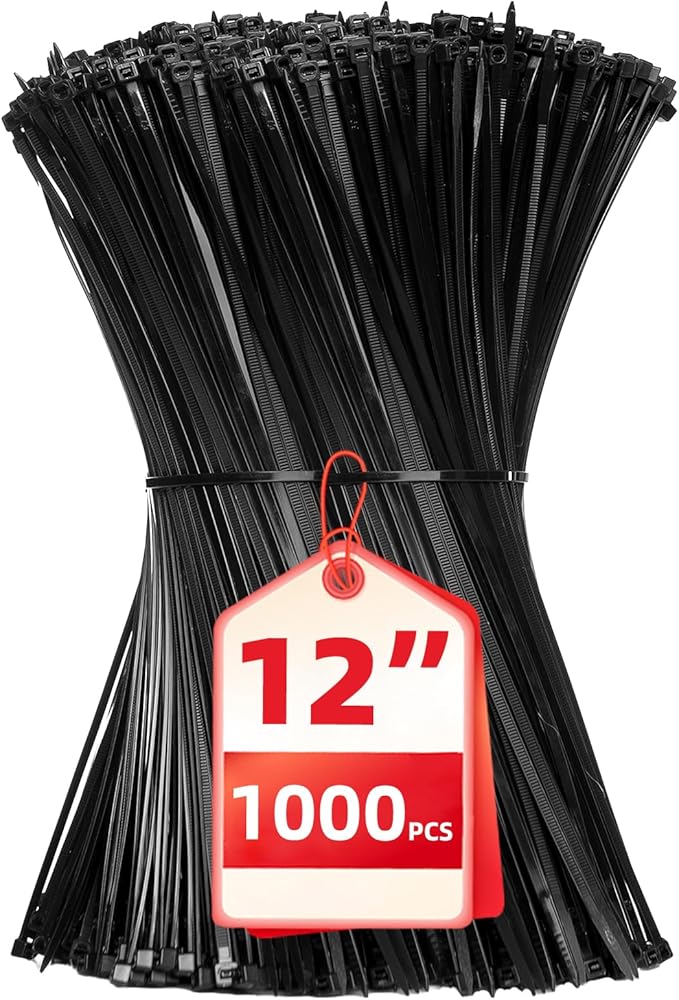 Zip Ties 12 inch, 1000 Pack Black Zip Ties, Self-Locking Nylon Cable Ties with 50 lb Tensile Strength,Wire Ties for indoor and outdoor use.