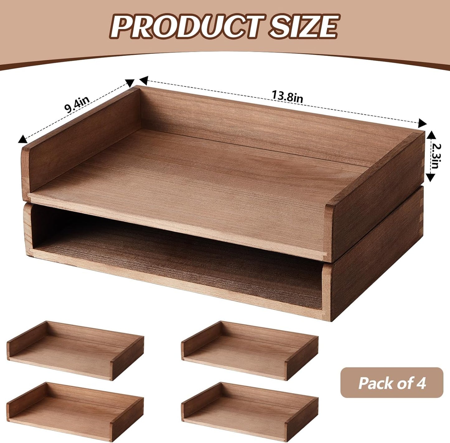 Yeaqee Stackable Paper Organizer Tray - Wood Desk Organizer for Letter Size Documents | Dark Wood Finish