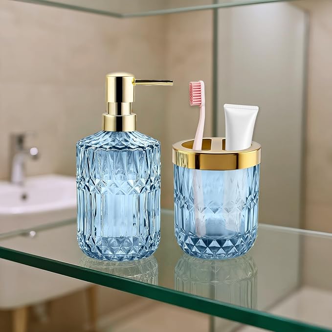 2Pcs Blue Bathroom Accessories Set, Glass Bathroom Accessories, Vintage Bathroom Countertop Decoration Includes Soap Dispenser, Toothbrush Holder