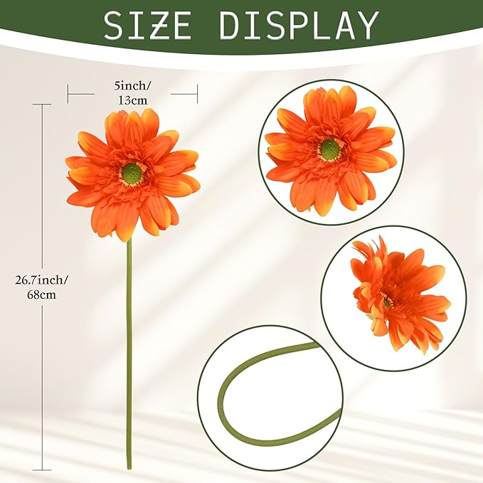 Orange Gerbera Daisy Artificial Flowers – Real Touch Artificial Wildflowers 5PCS, Long Stem Faux Daisies for Fall Home Décor, Home Table Centerpieces, or Wedding Arrangements