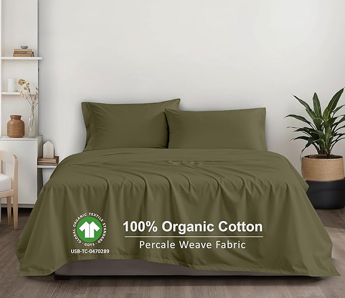 RUVANTI 100% Organic Cotton Sheets Twin XL, Percale Weave, GOTS Certified, 3-Piece Set, Deep Pocket 15", Crisp & Breathable, Soft Durable Bedding, Sábanas Algodón Orgánico – Olive