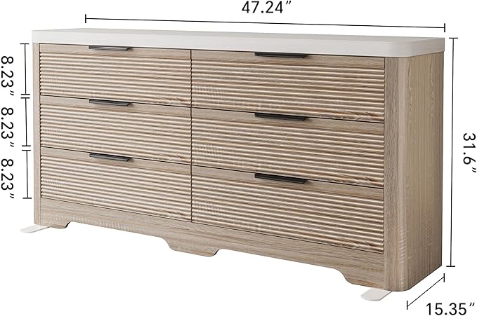 FUSUNBAO Fluted 6 Drawer Dresser, Modern Wood Dresser for Bedroom,TV Stand,Thickened Curved Profile Design,Bedroom,Entryway,Wood Drawer Organizer(Natural Oak)