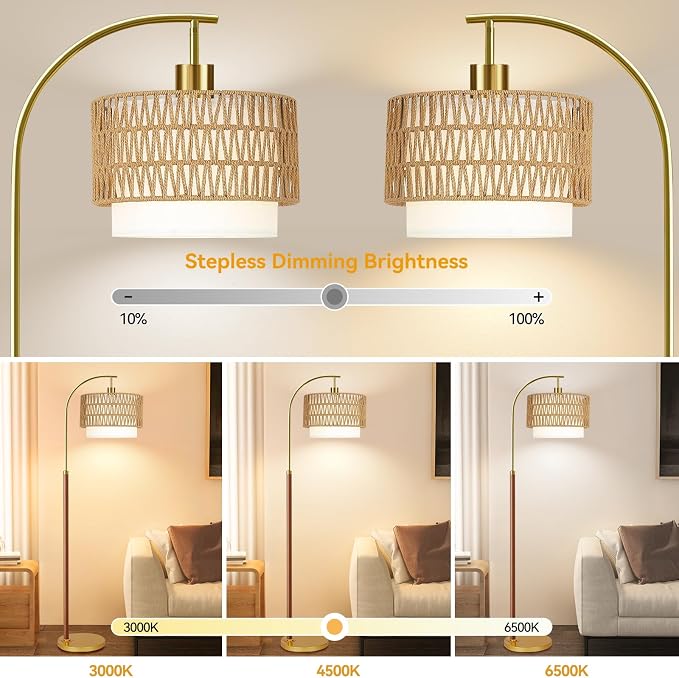 ZECOXOL Boho Floor Lamps for Living Room Wood Floor Lamp with Remote Control,Dimmable Rattan Floor Lamps Farmhouse Gold Standing Lamp with 3 Color Temperature Tall Arc Floor Lamp for Bedroom Corner