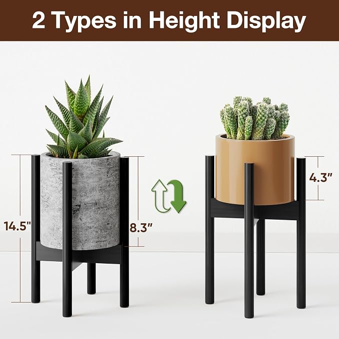 MUDEELA 14 Inch Tall Plant Stand for Indoor, Adjustable Width Bamboo Plant Stand for 8 9 10 11 12 Inches Pot, Single Tier Planter Holder Floor Stand, Mid Century Modern Style, Black, Without Pot