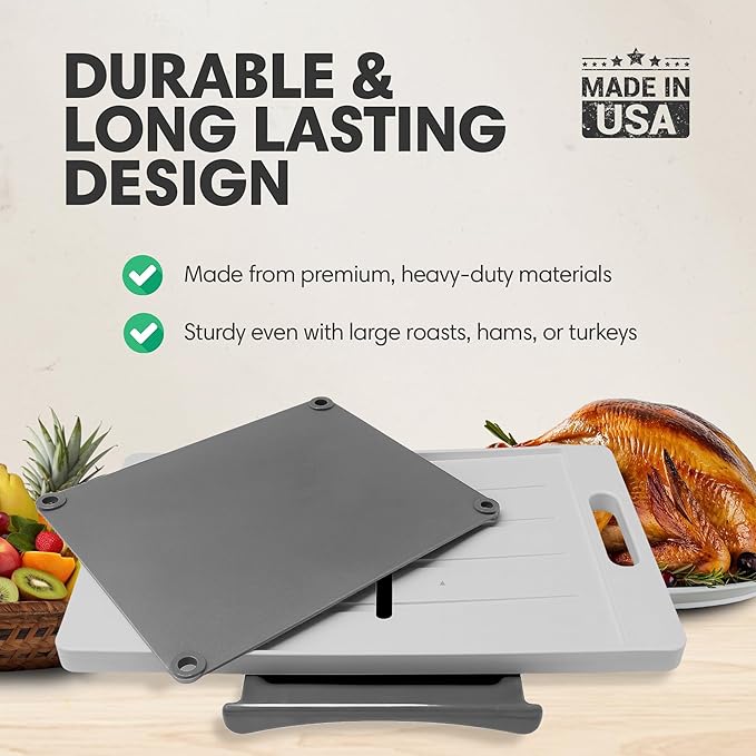 XL Meal Prep System Cutting Board - Large Cutting Board with Juice Groove, Spikes, Drip Tray & Removable Surface - Carving Board - BBQ Essential & Kitchen Gifts - BPA Free Cutting Board - Grey