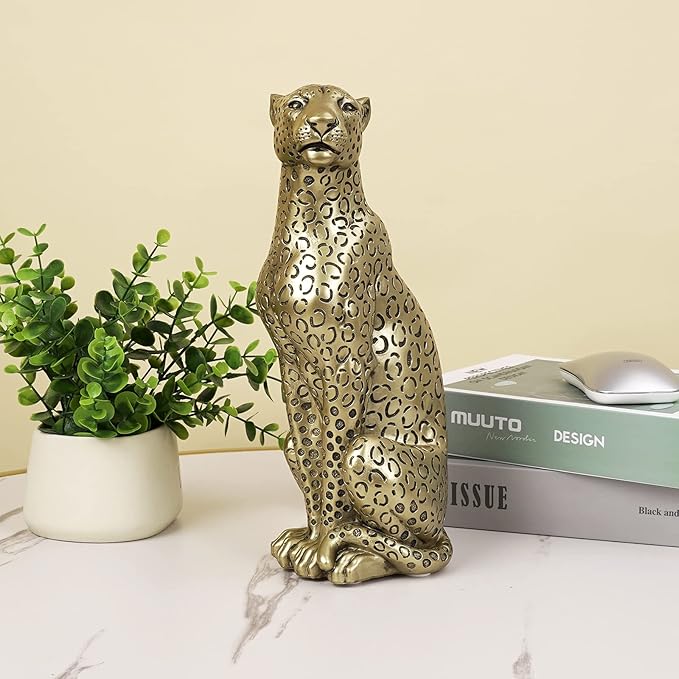 Cheetah Statue Home Decor Leopard Sculpture Resin Sitting Cheetah Figurine Desktop Table Top Ornament Decoration for Home Office Champagne Gold