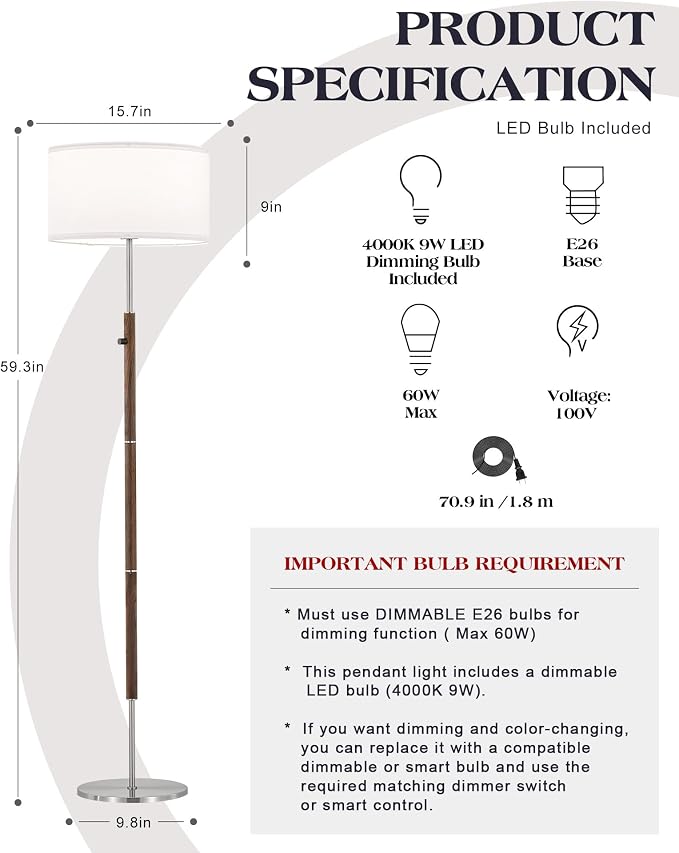 ELYONA Dimmable Floor Lamp Walnut Wood Grain & Brushed Nickel Standing Lamp Mid Century Modern Coner Pole Lamp with White Fabric Shade & Rotary Switch for Living Room Bedroom Office,LED Bulb Included