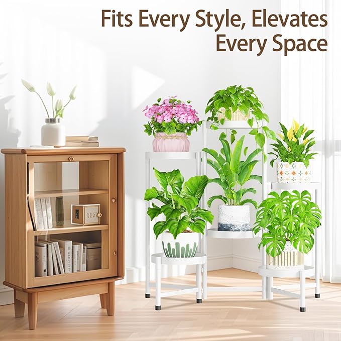 LASZOLA 6 Tiered Folding Plant Stand Indoor for Multiple Large Planter, Tall Heavy Duty Adjustable Rack with Rust Proof 10 Inch Wide Tray, Sturdy Vertical Tree Organizer for Narrow Inside Floor, White