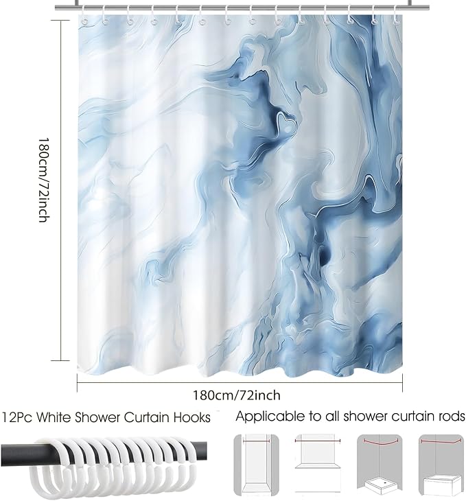 Mocsicka Shower Curtains for Bathroom, Blue Marble Shower Curtain for Bathroom, Abstract Blue and White Shower Curtain Modern Art Decor Waterproof Bath Curtain for Modern Bath Decor, 72 X 72 Inch