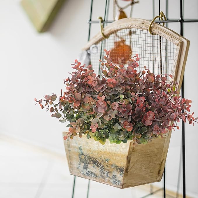 RECUTMS 12 Bundles Fake Bushes Artificial Plants Outdoor Faux Plant Eucalyptus Stems Fake Porch Plants for Farmhouse Bathroom Office Vase Centerpiece Indoor Outdoor Decor(Dusty Red)