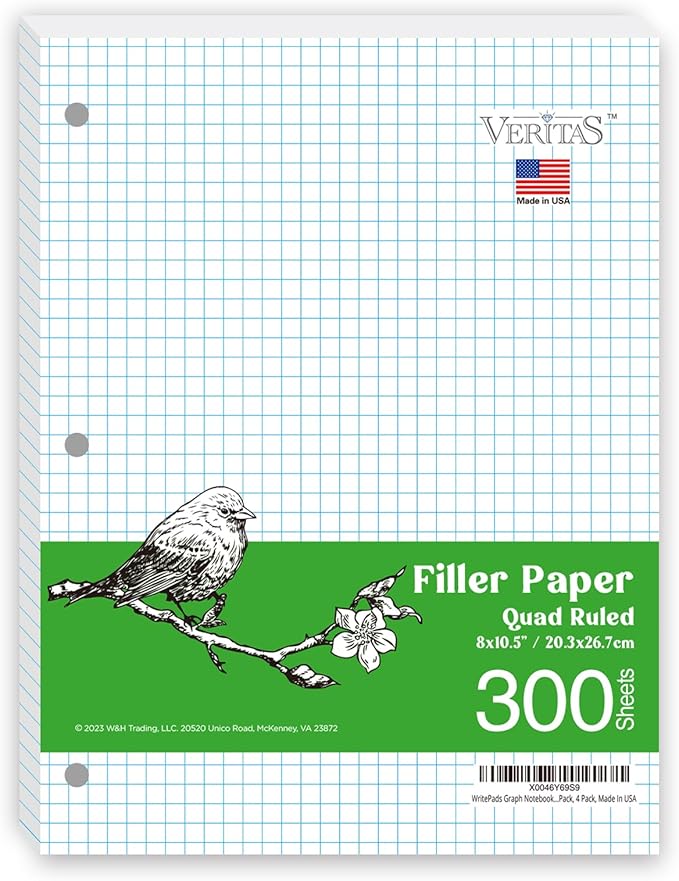 WritePads Graph Paper Loose Leaf Paper, Standard 8"x10-1/2" 4x4 Quad Ruled Notebook Paper,3 Hole Punched Filler Paper, 3 Ring Binder Paper, 300 Sheets Grid Paper, Made In USA