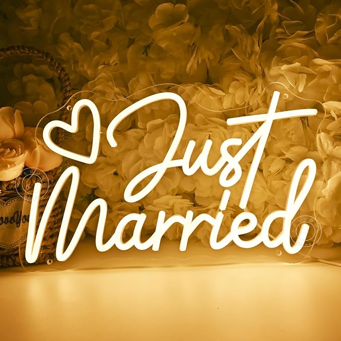 SYLHOME Just Married Led Neon Light Sign Heart Wedding Bridal Shower Backdrop Bedroom Wall Sign Decor Engagement Proposal Party Light Up Sign 15.75" X 9.25" USB