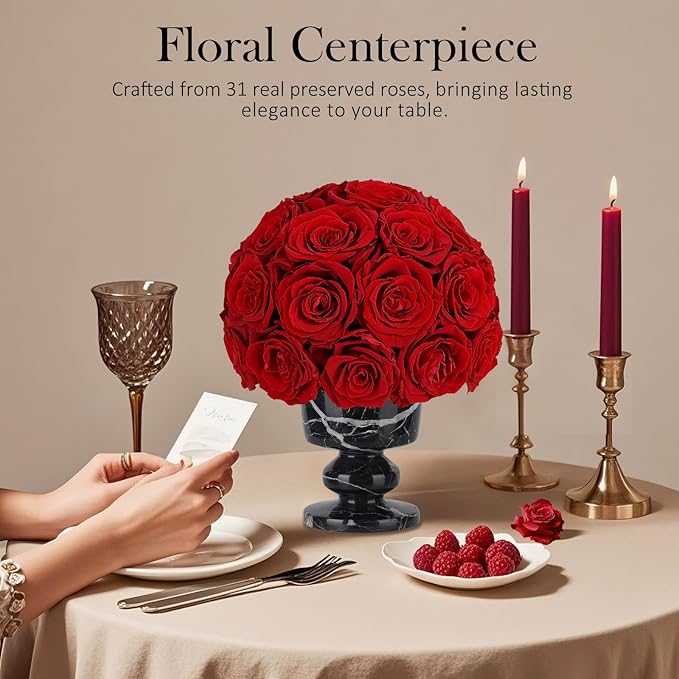 Forever Flowers Preserved Red Roses in Marble Vase, Flower for Delivery, Eternal Roses Gift for Women, Table Centerpiece Flowers for Home Decor Party Living Room Bedroom