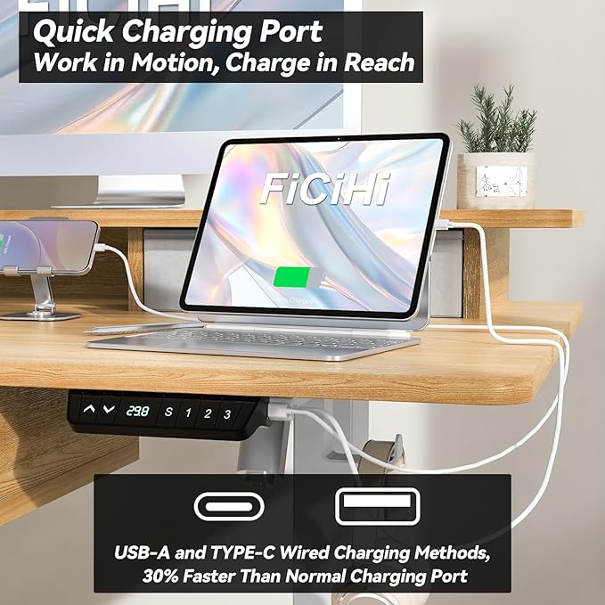 FiCiHi Adjustable Height Standing Desk with 4 Drawers,63 x 30 inches Electric Sit Stand Home Office Desk with Two Tiers, 3 Memory Presets, Monitor Stand Riser, USB A/C Charging Port