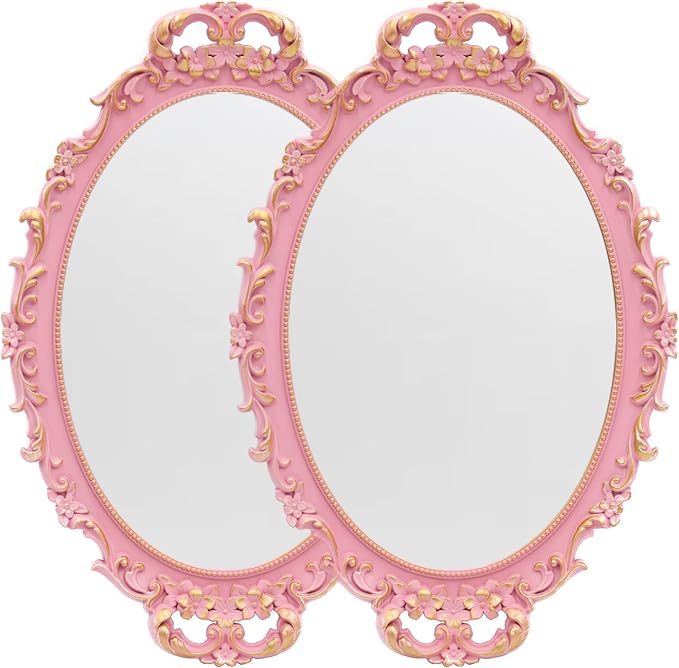 Tstarer 2PACK - Vintage Decorative Pink Framed Mirror, Wall Hanging Mirrors & Tabletop Tray for Bedroom Living Room Dresser Decor, Oval- 9.6" W x 14.3" L (PINK-2PACK)
