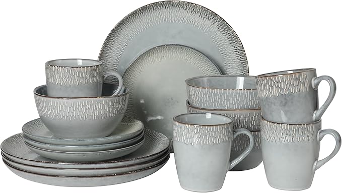 Gibson Elite Jasper 16 Piece Plates and Bowls Reactive Glaze Dishes Stoneware Ceramic Dinnerware Set - Service for 4 - Grey