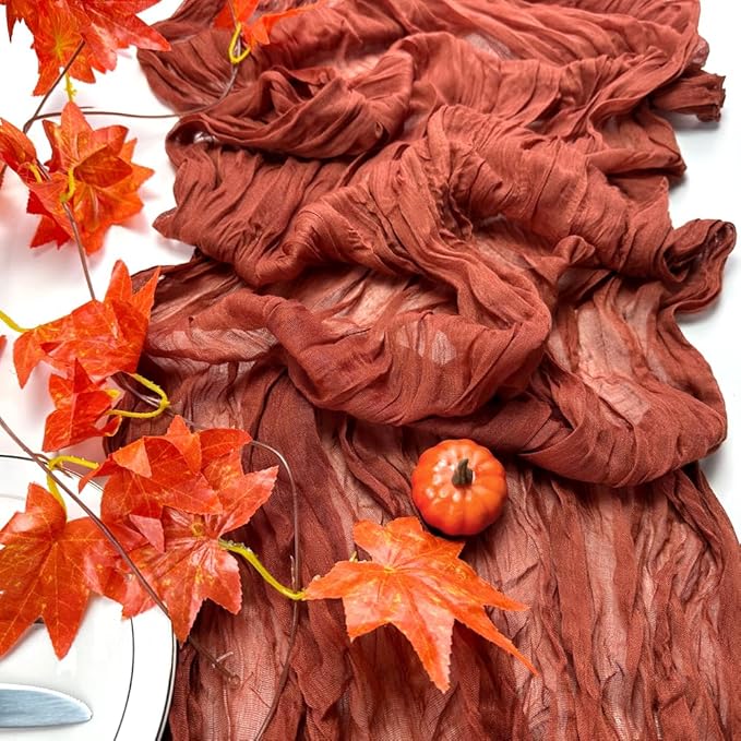 Booque Valley Fall Table Runner 3 Pack Terracotta Cheesecloth 10ft Soft Boho Wrinkled Decorative Gauze Sheer for Autumn Thanksgiving Holiday Party Centerpiece Decoration Table Decor, 35x120 Inch