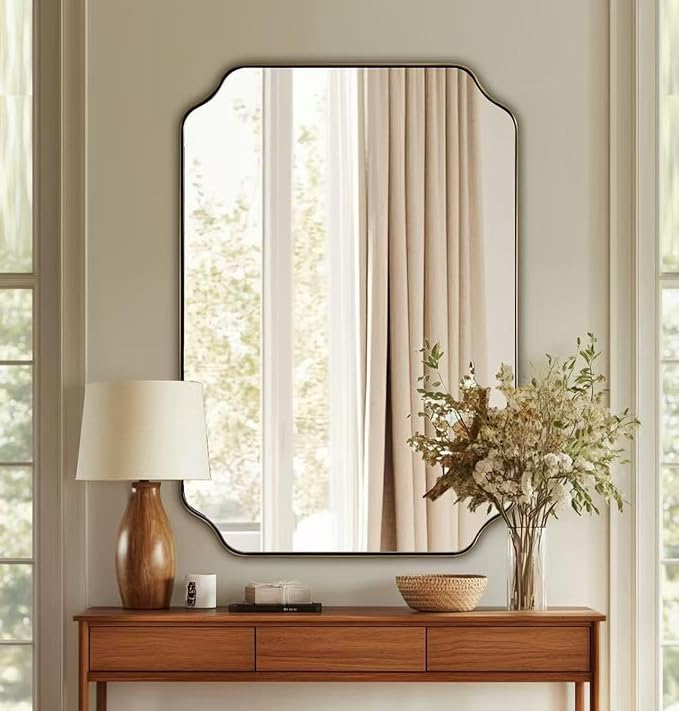 ANDY STAR 26"x38" Gold Mirror, Brushed Brass Scalloped Wall Mirror, Unique Rectangle Mirror, Bathroom Mirror in Anti-Rust Stainless Steel Metal Frame, 1’’ Deep Wall-Mounted Vertically/Horizontally
