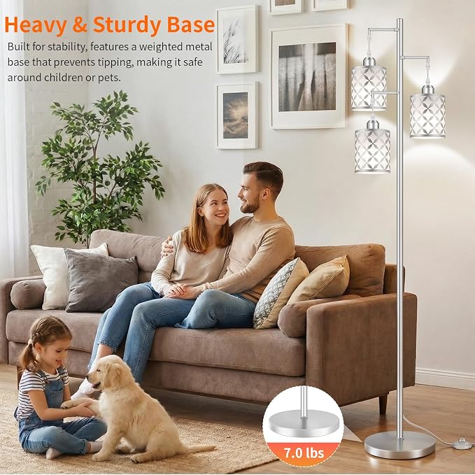 Dimmable Floor Lamp, Farmhouse Standing Lamp with Elegant Metal Cage, Industrial Tall Tree Floor Lamps for Living Room, Bedroom, Study Room, Office, 3 x 1100LM LED Bulbs Included,72",Silver
