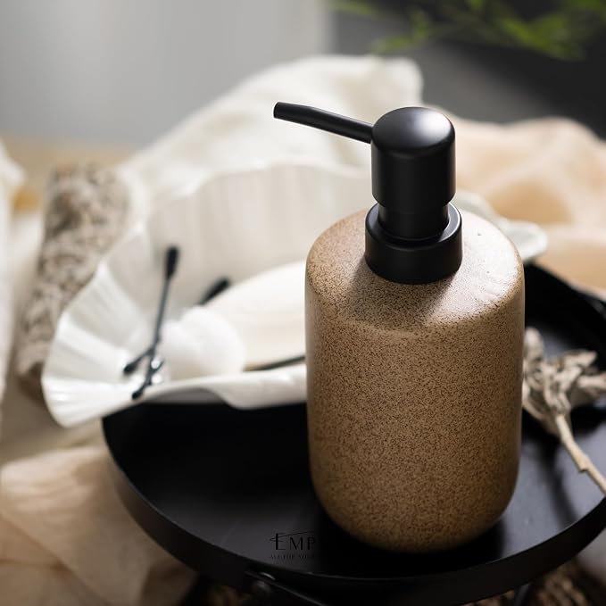 EMPO Ceramic Hand Soap Dispenser with Matte Black Pump, Stone-Textured Wabi-Sabi Liquid Dispenser for Bathroom Vanity and Kitchen Sink (350ml/11.83oz)