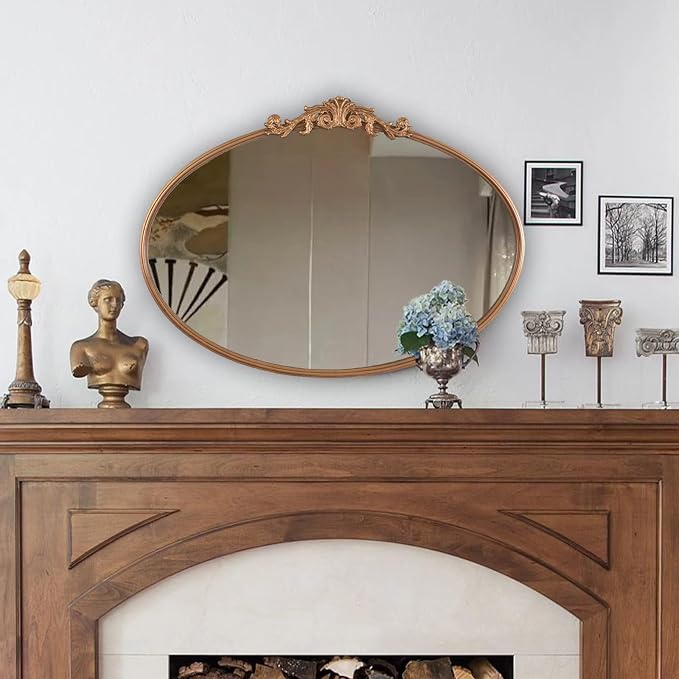 OUSHUAI Gold Oval Mirror for Wall,Baroque Fireplace Decor,Brass Wall Mirror,Victorian Vintage with Full Matel Frame,Ornate Entryway/Bathroom/Living Room/Hallway 36''X24'' (XD-004ZM)