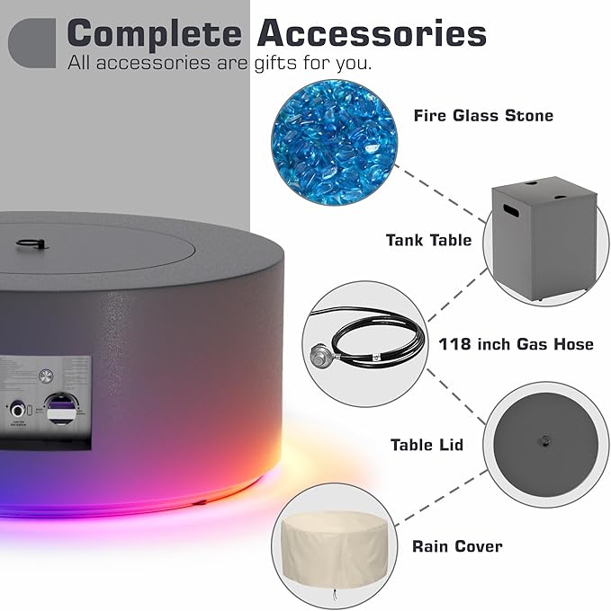 2-Piece 30" LED Round Propane Fire Pit for Outside Patio with Hidden Tank Table, 50,000 BTU Fireplaces with Lid, Glass Rocks, Cover(Dark Grey w/RGB Light)