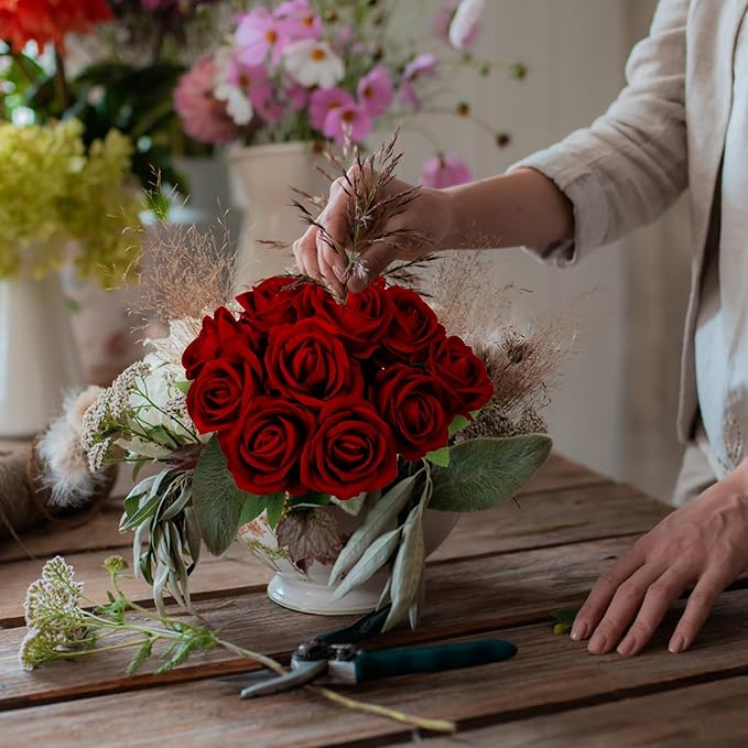 12 Pcs Artificial Rose Flowers, Dark Red Silk Roses with Long Stems, Realistic Fake Roses for Wedding Centerpiece Party Home and Office DIY Decor