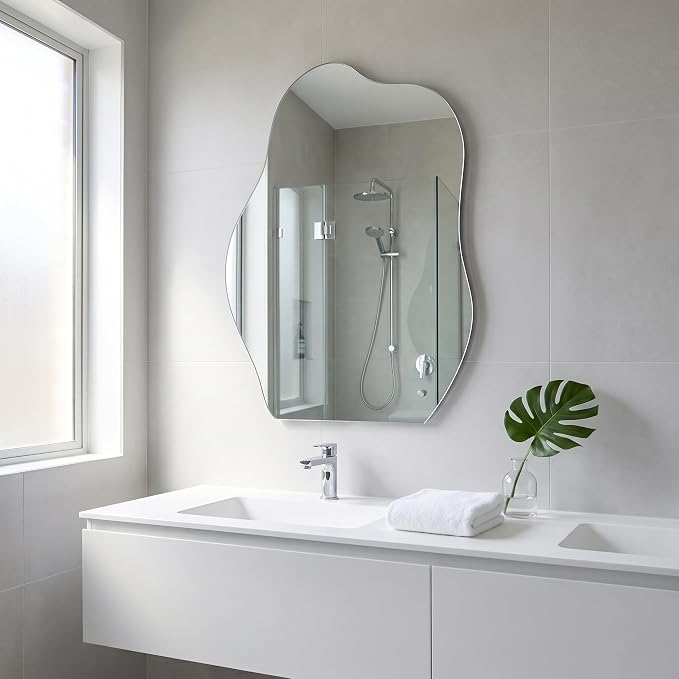 BEAUTYPEAK Asymmetrical Mirror, 20 x 28 Inches Irregular Wall Mirror, Wood Frame Unique Shape Wall Mounted, Decorative for Living Room Bedroom Entryway Hallway