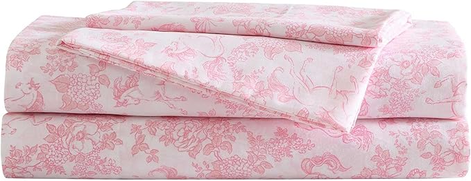 Laura Ashley Kids - Queen Sheet Set, Soft & Wrinkle-Resistant Toddler Bedding Set, Deep Pockets, Girl Bed Sheets with Matching Fitted Sheet & Pillowcases (Toile Unicorn Pink)