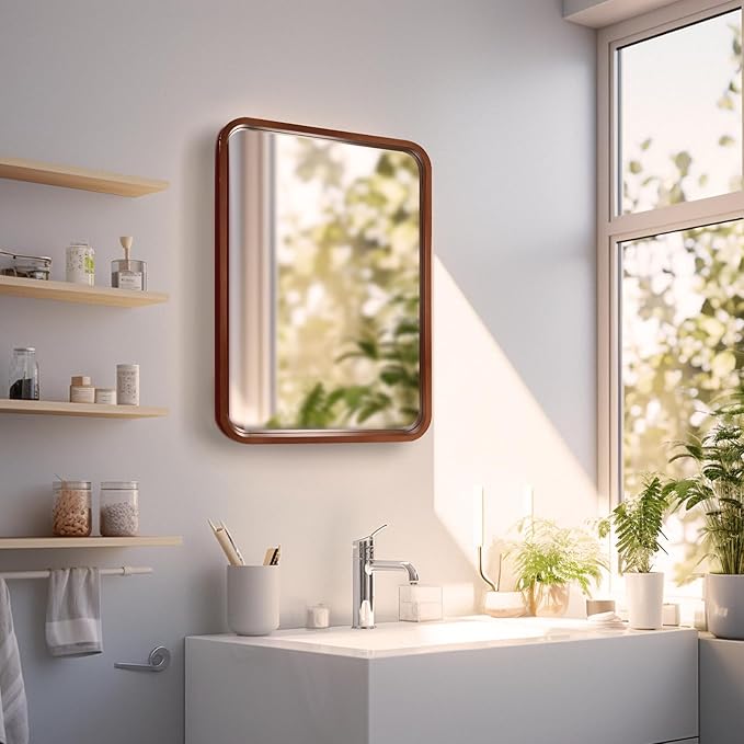 WallBeyond 18x24 Inch Wood Mirror for Bathroom, Wooden Frame Wall Mirror Farmhouse Wall Mounted Rectangle Mirror for Vanity (Horizontal/Vertical Walnut Color)