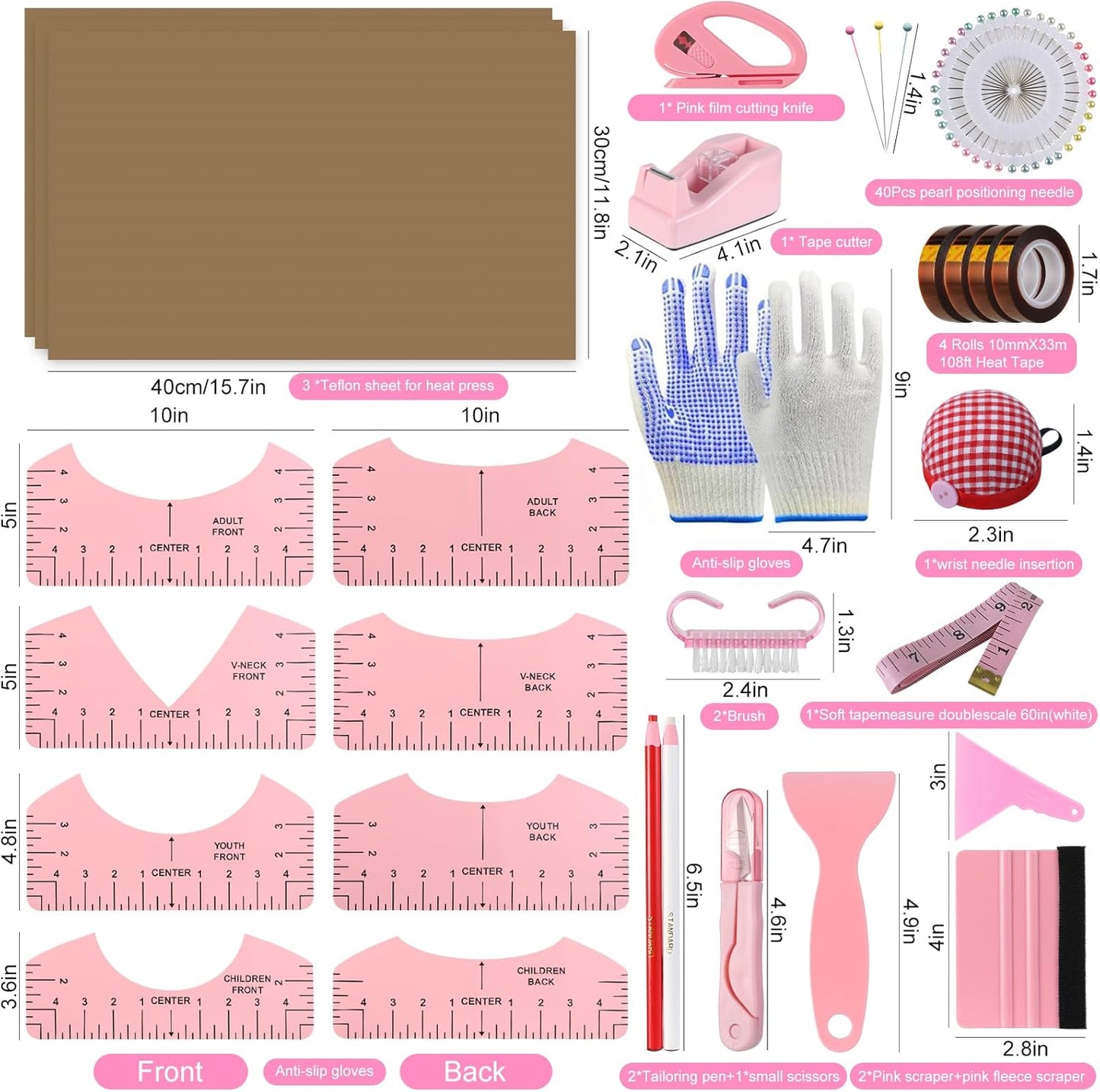 XEUZK Sublimation Shirt Kit - Complete 8T Ruler Set, Teflon Sheets, Gloves & Tape | 12x16in