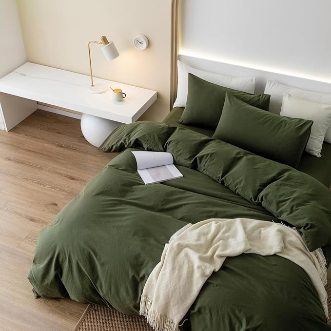 JIYUAN 100% Washed Cotton Duvet Cover Set 3 Pieces Cal King, 1 Duvet Cover 104x98 Inches(Comforter Not Included) and 2 Pillowcases,Linen Feel Bedding Set Comfy and Breathable,Olive Green