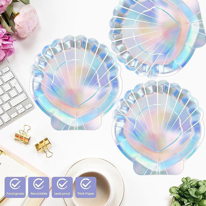 40 Pcs Iridescent Mermaid Plates and Napkins Party Supplies, Seashell Disposable Paper Plates and Napkins Tableware Set for Mermaid Baby Shower Birthday Party Decorations Serves 20