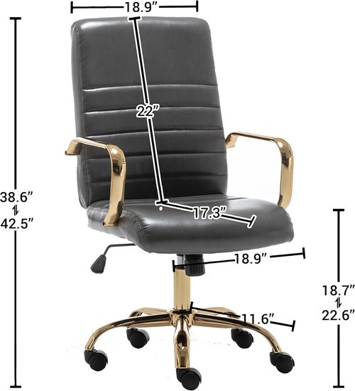 BTEXPERT Executive Chair - Gray Faux Leather with Golden Arms & Lumbar Support | High Back Desk Armchair