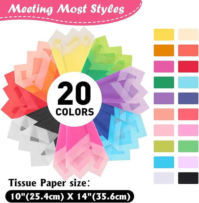 1200 Sheets Tissue Paper, 20 Colors 10" X 14" Tissue Papers for Gift Bags Birthday Party Flower Decoration, Colored Tissue Paper Bulk for Packaging