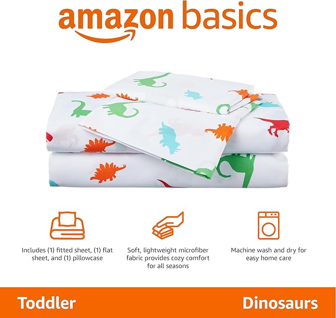 Amazon Basics Kid's Soft Easy-Wash Lightweight Microfiber 3-Piece Sheet Set, Toddler, Multi Color, Dinosaurs