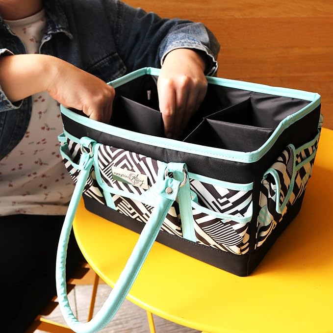 Everything Mary Teal Geometric Deluxe Store and Tote - Storage Organizer Bag for Crafts, Sewing, Paper, Art, Desk, Canvas, Supplies Storage Organization - Travel Art Box with Handle