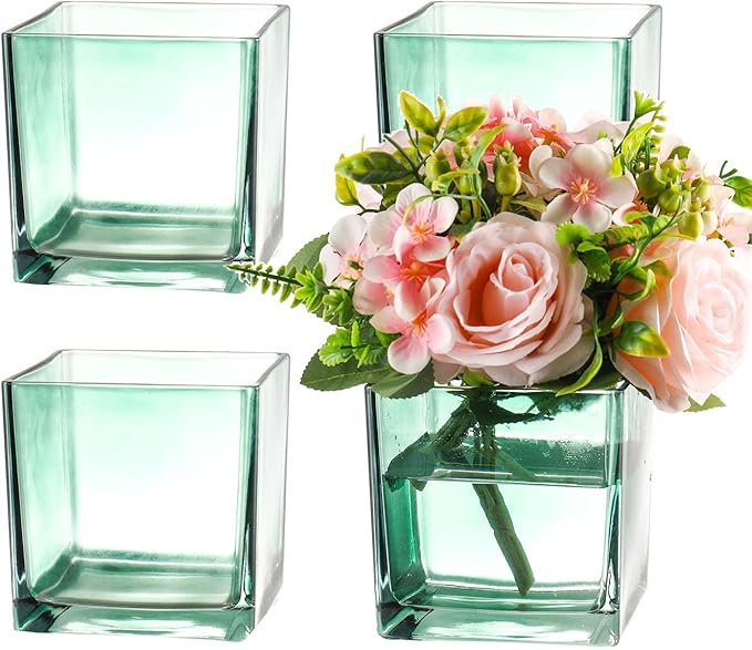 MARTAGE Square Glass Vases Set of 4, 5" x 5" x 5" Green Flower Vases for Centerpieces, Square Vase for Flowers, Small Vase for Wedding, Party, Home Office Decoration