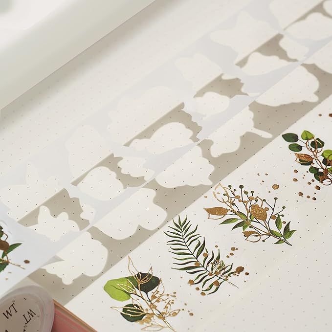 WT Green Oasis Washi Sticker Set, 3 Rolls, Original Designs, Pastel Decorative, Plants Sticker, Gold Foil, Bujo Planner Supplies, DIY Paper Stickers