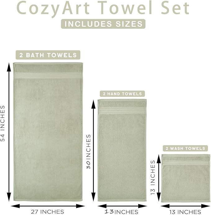 COZYART Sage Green Bath Towel Set for Bathroom Turkish Cotton Thick Soft Absorbent Durable 650 GSM Towel Sets of 6, 2 Large Bath Towels, 2 Hand Towels, 2 Washclothes