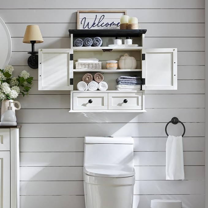 ACCOHOHO Bathroom Wall Cabinet, Farmhouse 24" Wide Medicine Cabinet with Drawer, Adjustable Shelf, Double Barn Doors, Storage Cabinets for Bathroom, Kitchen, Living Room, Off White