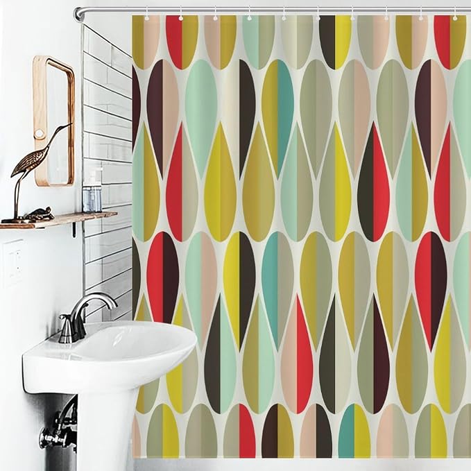 Mid Century Modern Shower Curtain,Retro Abstract Geometric Drop Shapes Art Style Shower Curtains Set for Bathroom Fabric Decorative Bath Curtain Washable Curtain Hooks, 72x72 inch