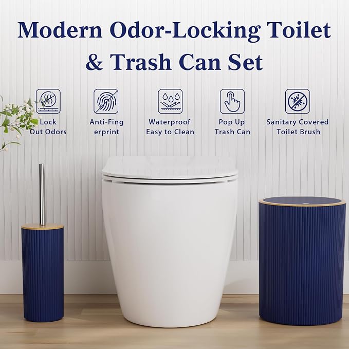 10PC Bathroom Accessories Set - Navy Blue and Wooden Bathroom Sets, Bathroom Accessory Set with Pop Up Trash Can, Toilet Brush, Trash Can, Qtip Holder & Soap Dispenser