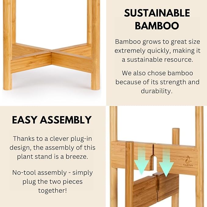 Fox & Fern Bamboo Plant Stand — 14.9 Inch Fixed Size Wooden Mid Century Planter Stand for Indoor Plants (Not Included) - Extra Large Flower Pot Holder for Indoor Big Pots - Plug In Design - Bamboo