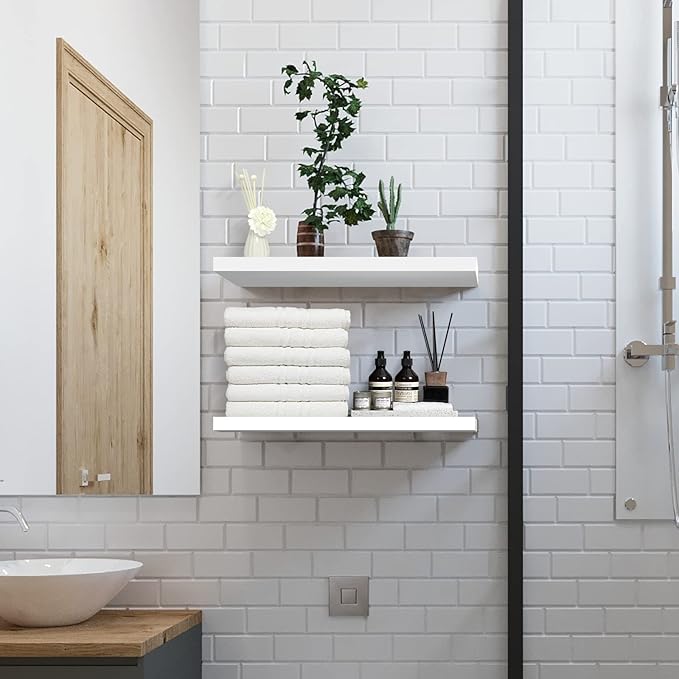 SAUMONIERES 24 Inch Floating Wall Shelves for Bedroom Bathroom Wall Mounted Solid Wood Shelf Storage Set of 2, White